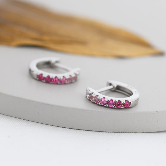 Ruby Pink Ombre CZ Huggie Hoops in Sterling Silver, Silver or Gold, Minimalist Hoop Earrings, 8mm Hoops, cartilage hoops, Gradient