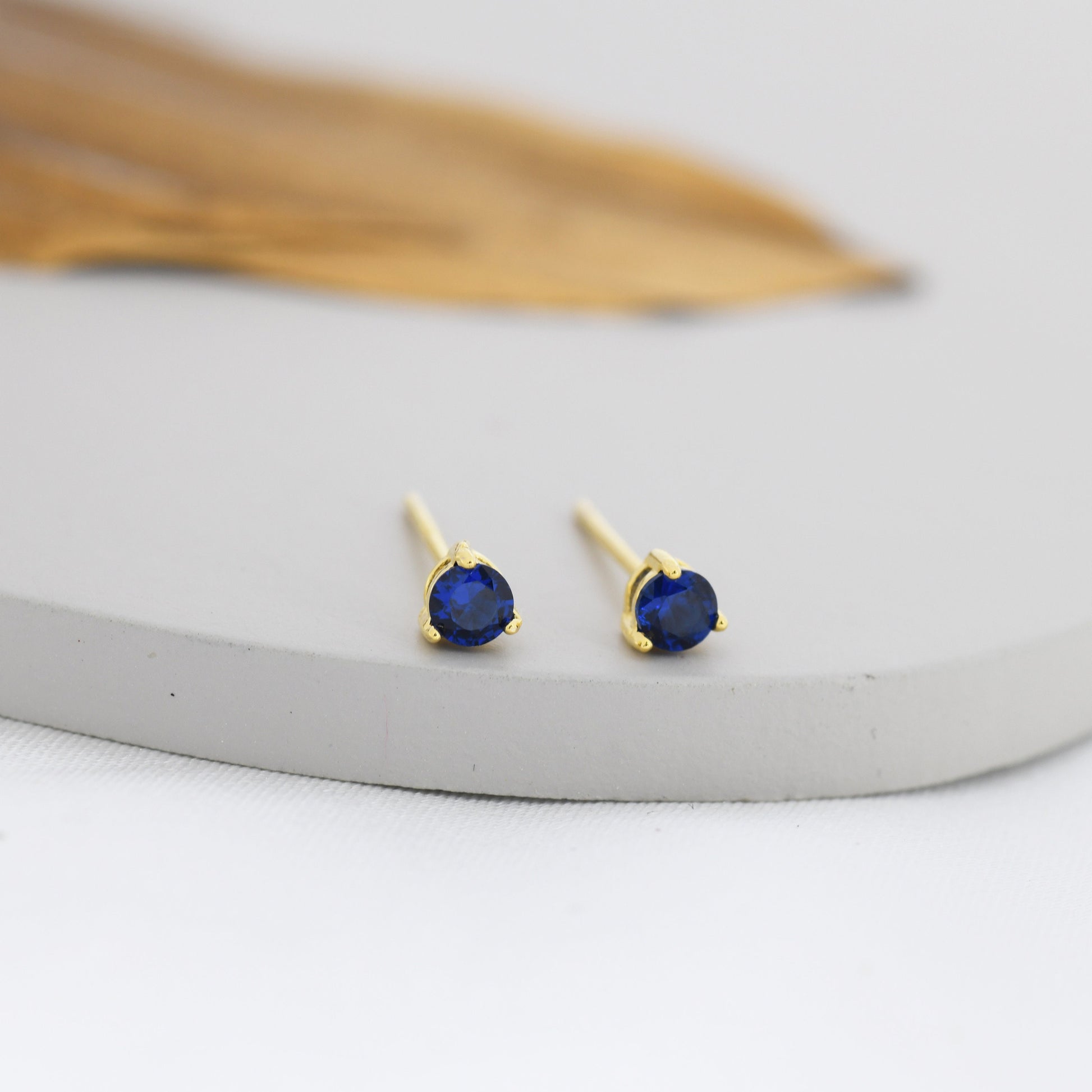 Extra Tiny Sapphire Blue Crystal CZ Stud Earrings in Sterling Silver, Three Prong 3mm Teeny Tiny Stud