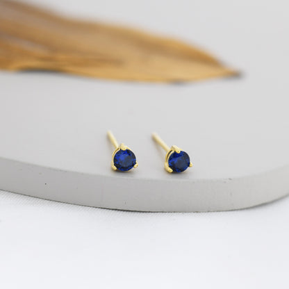 Extra Tiny Sapphire Blue Crystal CZ Stud Earrings in Sterling Silver, Three Prong 3mm Teeny Tiny Stud