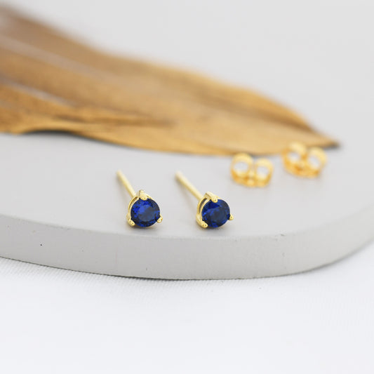 Extra Tiny Sapphire Blue Crystal CZ Stud Earrings in Sterling Silver, Three Prong 3mm Teeny Tiny Stud
