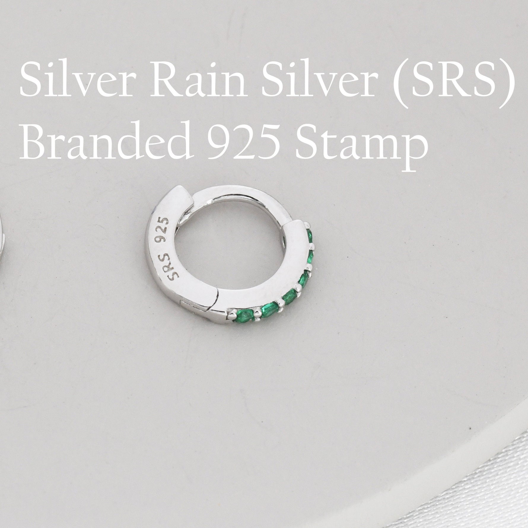 Emerald Green CZ Huggie Hoops in Sterling Silver, Silver or Gold, Minimalist Hoop Earrings, 6mm, 7mm, 8mm Hoops, cartilage hoops,