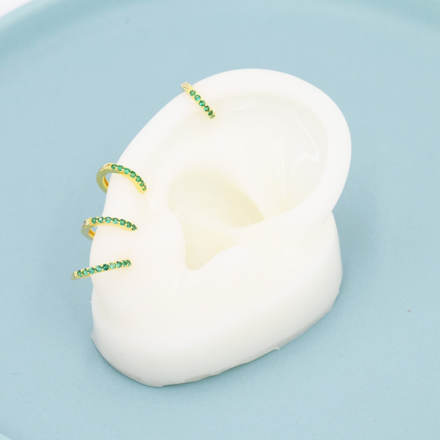 Emerald Green CZ Huggie Hoops in Sterling Silver, Silver or Gold, Minimalist Hoop Earrings, 6mm, 7mm, 8mm Hoops, cartilage hoops,