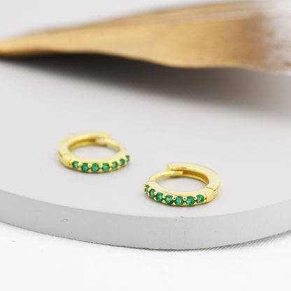 Emerald Green CZ Huggie Hoops in Sterling Silver, Silver or Gold, Minimalist Hoop Earrings, 6mm, 7mm, 8mm Hoops, cartilage hoops,
