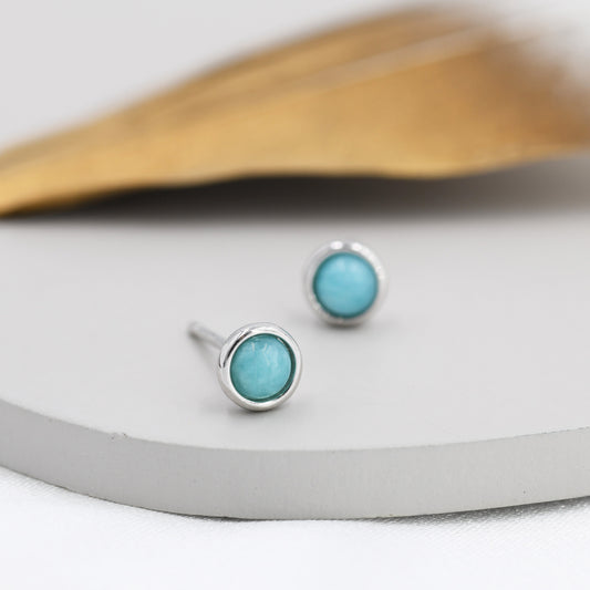 Sterling Silver 4mm Amazonite Stud Earrings,  Genuine Amazonite Gemstone Stud, Bezel, Minimalist Style