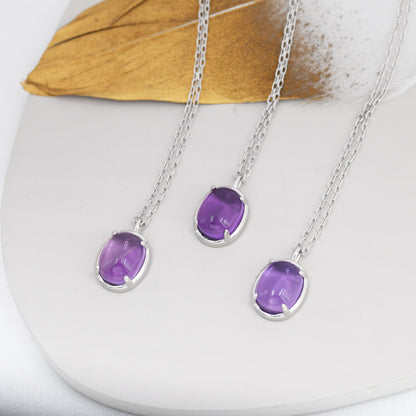 Genuine Amethyst Crystal Oval Necklace in Sterling Silver, Oval Cabochon Natural Amethyst Necklace, February Birthstone