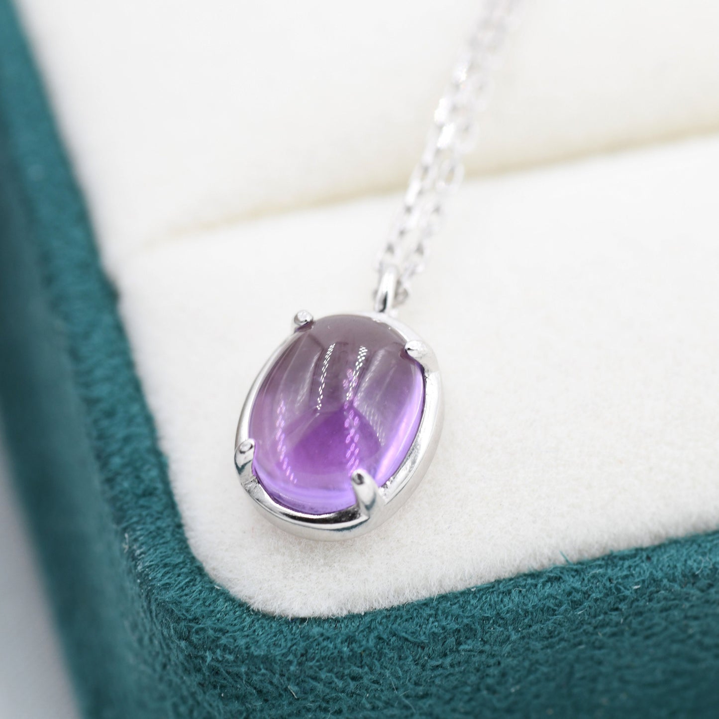 Genuine Amethyst Crystal Oval Necklace in Sterling Silver, Oval Cabochon Natural Amethyst Necklace, February Birthstone