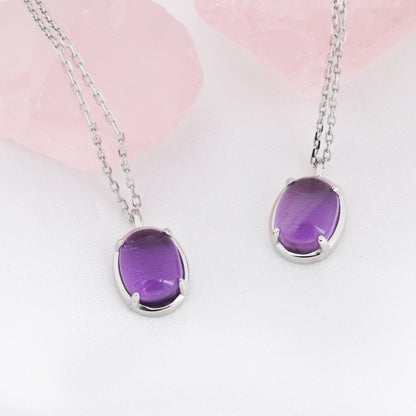 Genuine Amethyst Crystal Oval Necklace in Sterling Silver, Oval Cabochon Natural Amethyst Necklace, February Birthstone