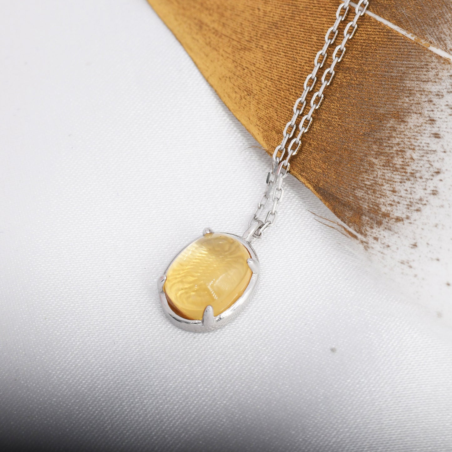 Genuine Citrine Crystal Oval Necklace in Sterling Silver, Oval Cabochon Natural Citrine Stone Necklace, November Birthstone