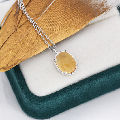 Genuine Citrine Crystal Oval Necklace in Sterling Silver, Oval Cabochon Natural Citrine Stone Necklace, November Birthstone