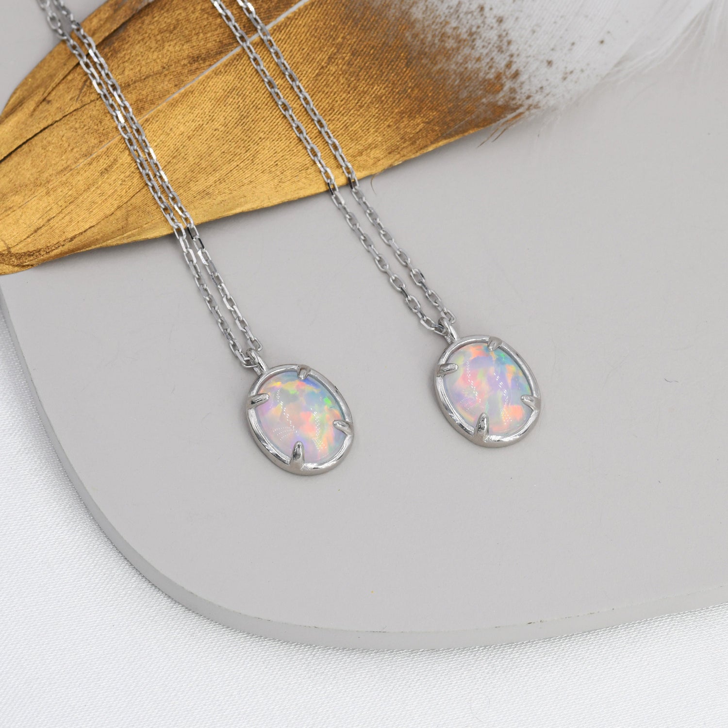 Opal Oval Necklace in Sterling Silver, Dainty Oval Cabochon Necklace, October Birthstone
