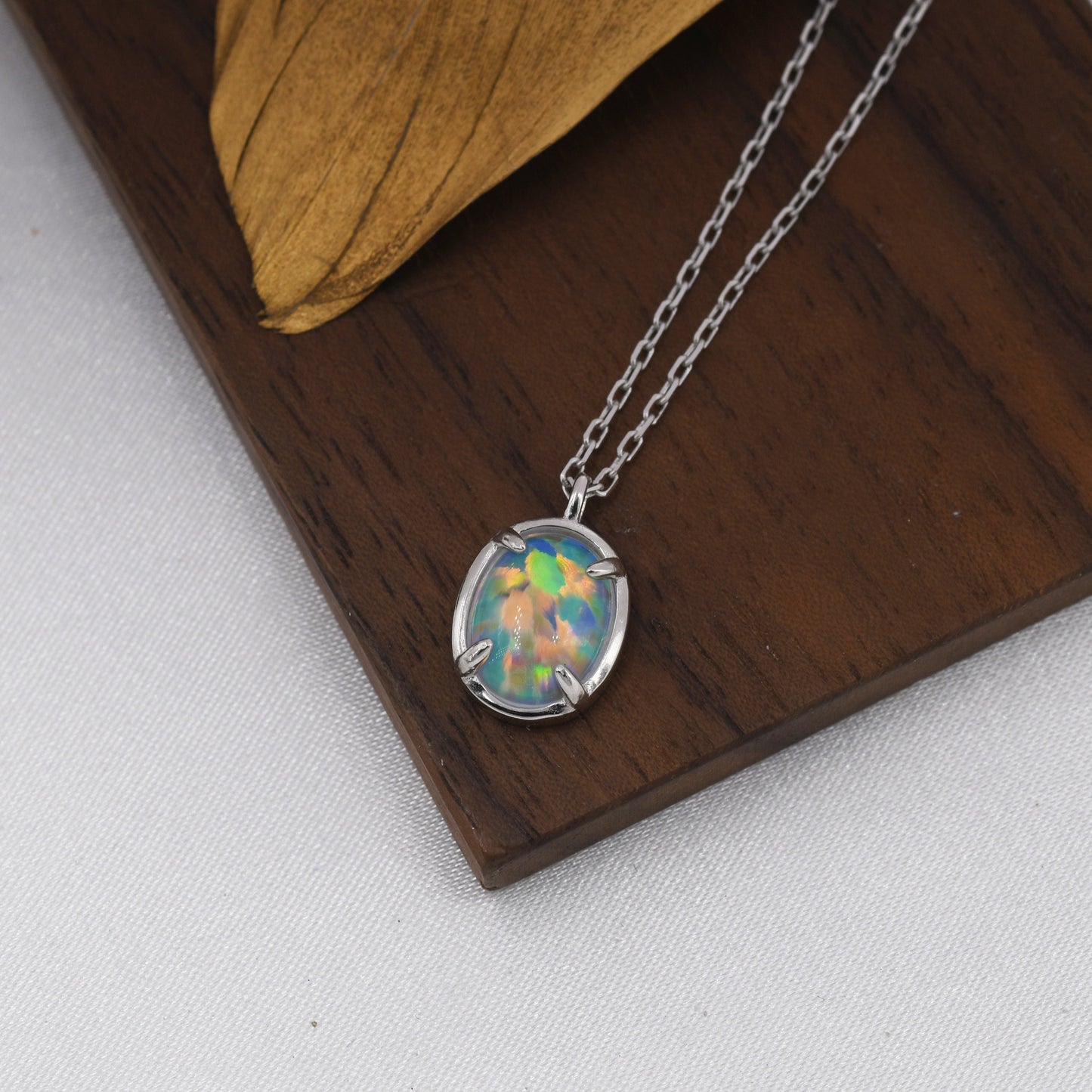 Opal Oval Necklace in Sterling Silver, Dainty Oval Cabochon Necklace, October Birthstone