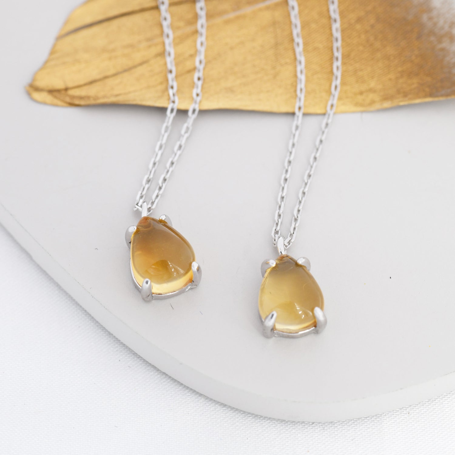Genuine Citrine Crystal Pear Necklace in Sterling Silver, Droplet Cabochon Natural Citrine Stone Necklace, November Birthstone