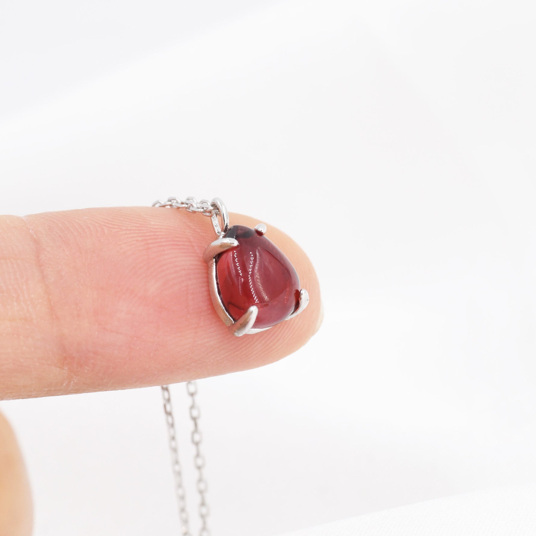 Genuine Garnet Crystal Pear Necklace in Sterling Silver, Droplet Cabochon Natural Garnet Stone Necklace, January Birthstone