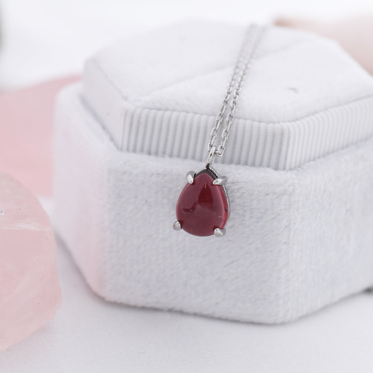 Genuine Garnet Crystal Pear Necklace in Sterling Silver, Droplet Cabochon Natural Garnet Stone Necklace, January Birthstone