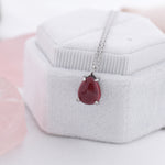 Genuine Garnet Crystal Pear Necklace in Sterling Silver, Droplet Cabochon Natural Garnet Stone Necklace, January Birthstone