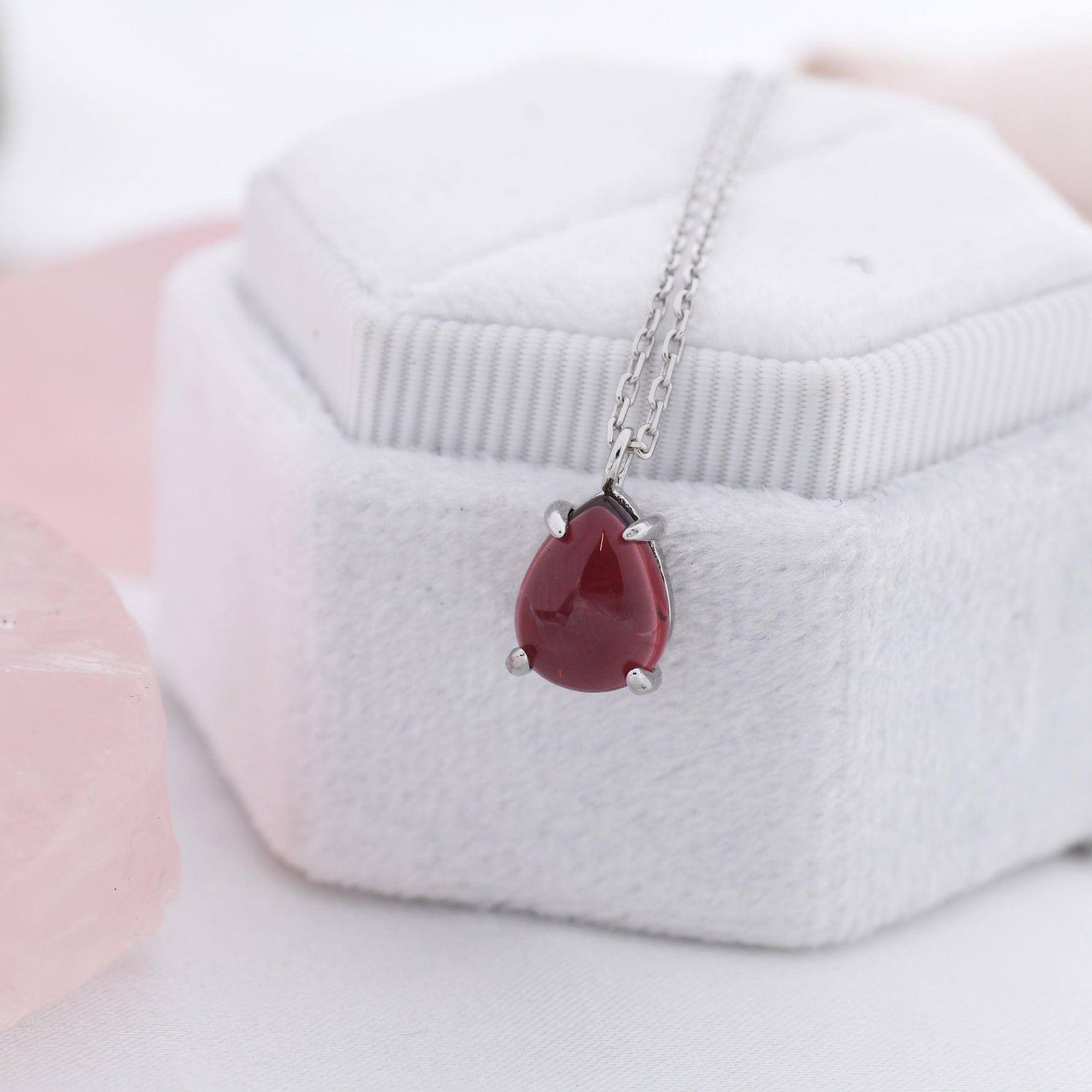 Genuine Garnet Crystal Pear Necklace in Sterling Silver, Droplet Cabochon Natural Garnet Stone Necklace, January Birthstone