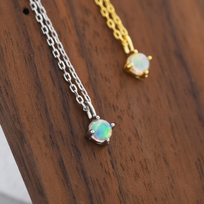 Extra Tiny Opal Pendant Necklace in Sterling Silver, Lab Created Opal Necklace, Silver or Gold, October Birthstone, Tiny Opal Necklace