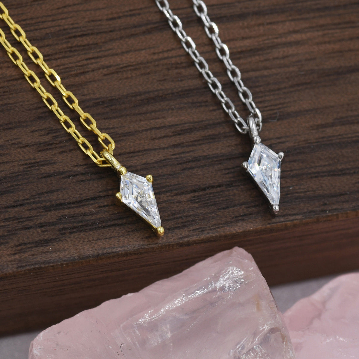 Extra Tiny Rhombus Kite CZ Necklace in Sterling Silver, Silver or Gold, Tiny Diamond Necklace, Tiny Dagger Necklace