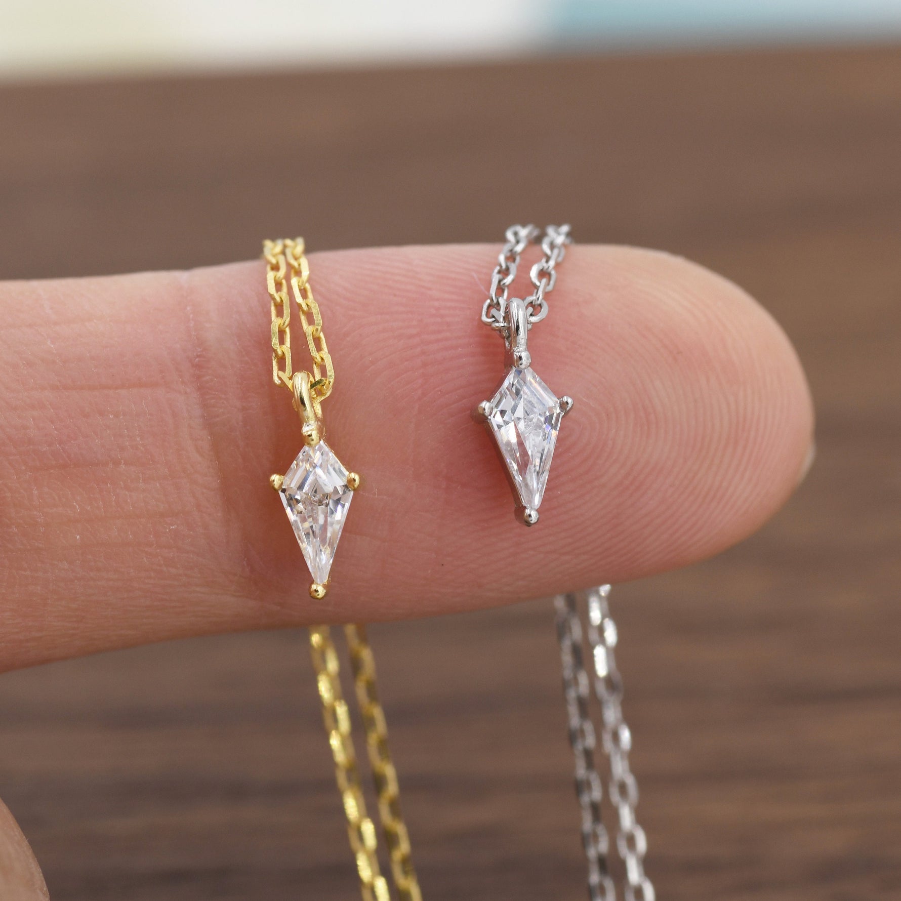 Extra Tiny Rhombus Kite CZ Necklace in Sterling Silver, Silver or Gold, Tiny Diamond Necklace, Tiny Dagger Necklace