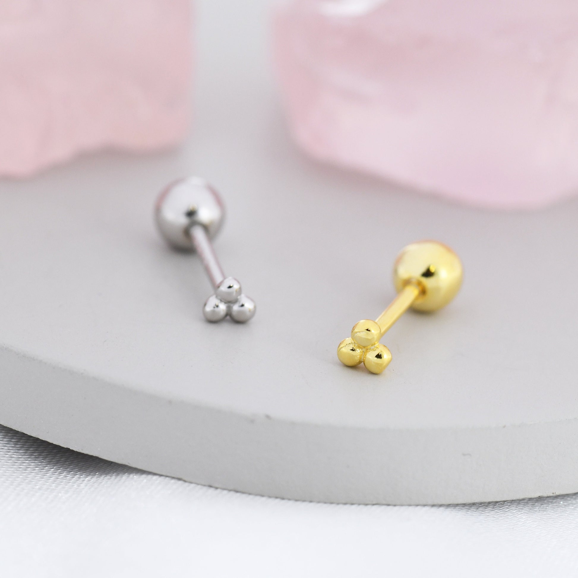 Extra Tiny Three Ball Barbell Earrings in Sterling Silver, Silver or Gold, Screw back Three Dot Earrings, Minimalist Piercing Jewellery