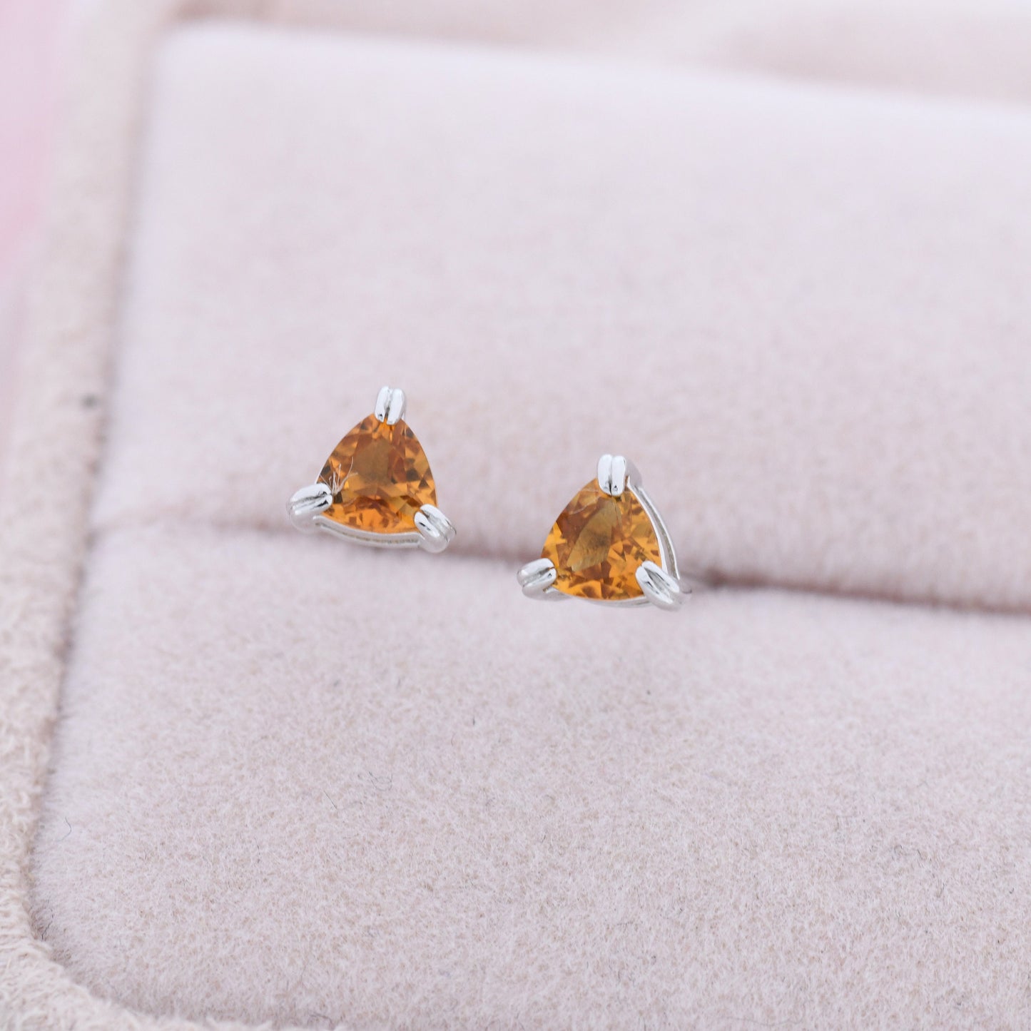 Genuine Yellow Citrine Crystal Stud Earrings in Sterling Silver, Silver or Gold, Trillion Cut Citrine Earrings, Double Pronged