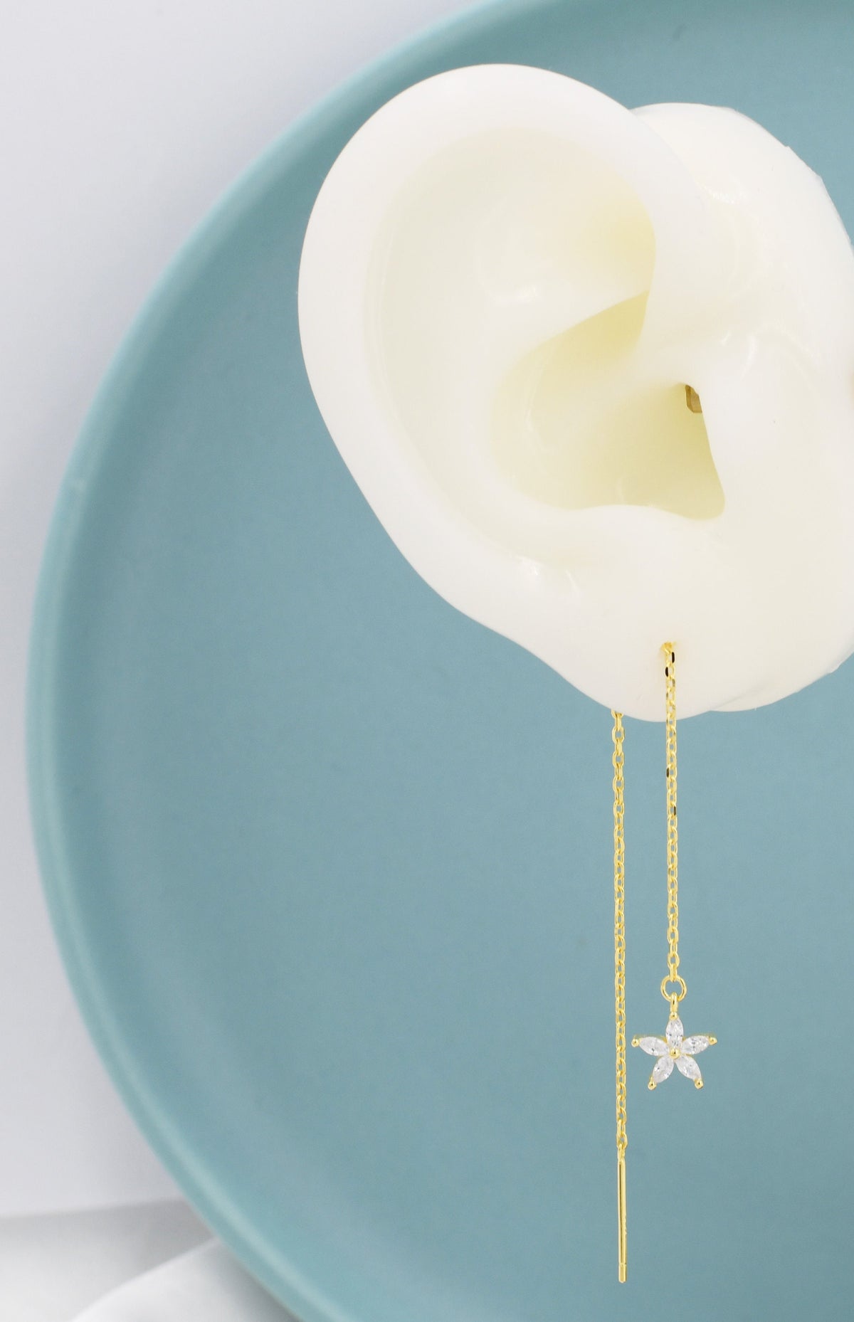 Aquamarine Blue CZ Forget-me-not Flower Threader Earrings