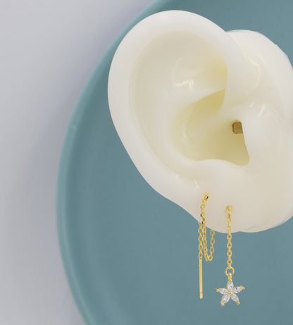 CZ Flower Threader Earrings in Sterling Silver, Silver or Gold, Forget-me-not Floral Ear Threaders, Sparkly CZ Threaders