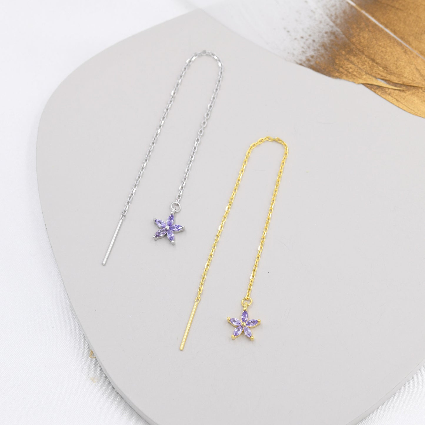 Amethyst Purple CZ Flower Threader Earrings in Sterling Silver, Silver or Gold, Forget-me-not Floral Ear Threaders, Sparkly CZ Threaders