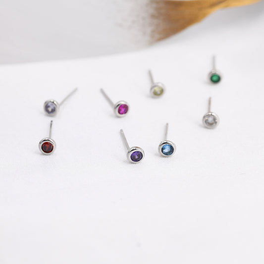 Sterling Silver Tiny Birthstone Stud Earrings, 4mm Birthstone CZ Earrings, Silver, Gold or Rose Gold, Stacking Earrings