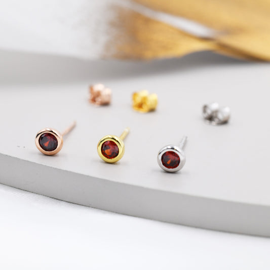 Sterling Silver Garnet Red Stud Earrings,  4mm January Birthstone CZ Earrings, Silver, Gold or Rose Gold, Stacking Earrings