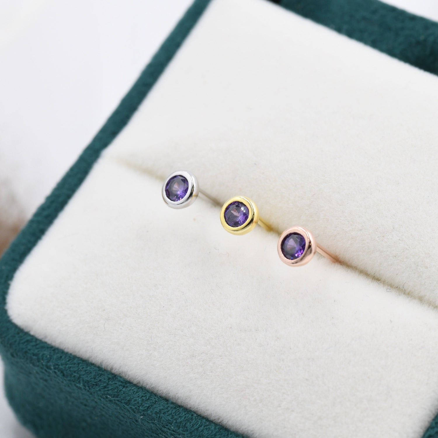 Sterling Silver Amethyst Purple Stud Earrings, 4mm February Birthstone CZ Earrings, Silver, Gold or Rose Gold, Stacking Earrings