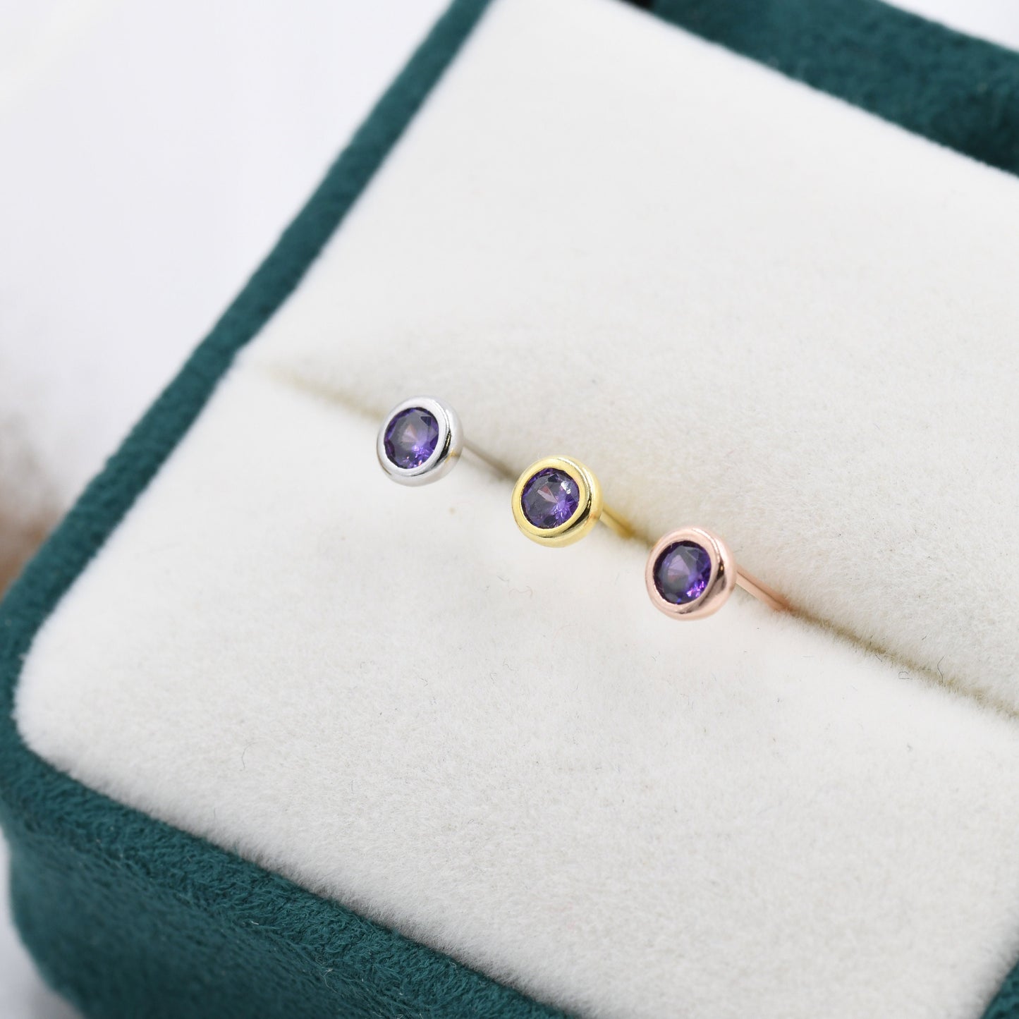 Sterling Silver Amethyst Purple Stud Earrings,  4mm February Birthstone CZ Earrings, Silver, Gold or Rose Gold, Stacking Earrings
