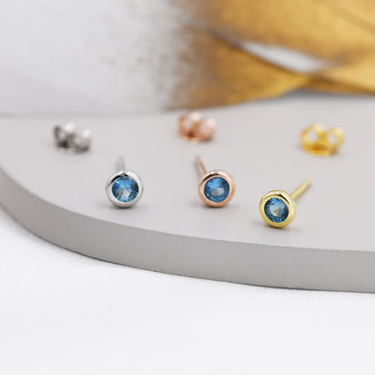 Sterling Silver Aquamarine Blue CZ Stud Earrings, 4mm March Birthstone CZ Earrings, Silver, Gold or Rose Gold, Stacking Earrings