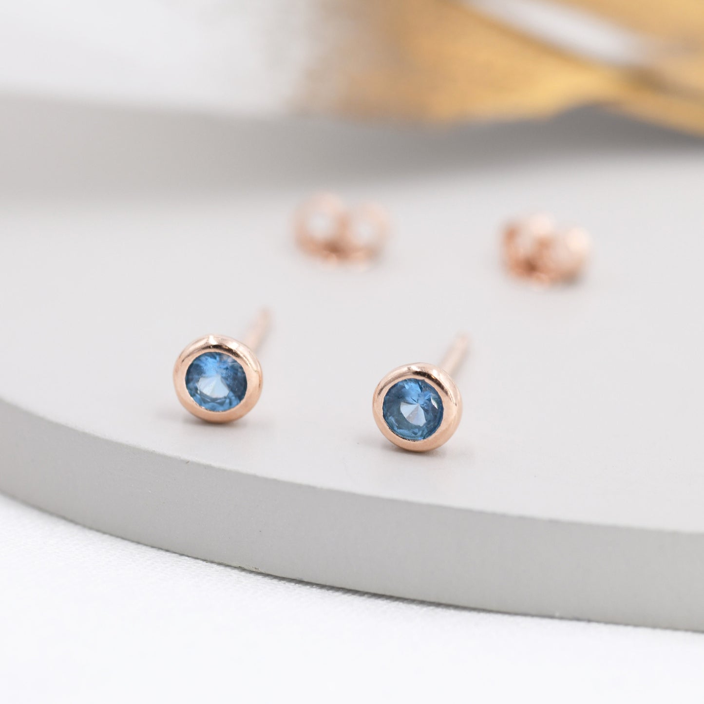 Sterling Silver Aquamarine Blue CZ Stud Earrings,  4mm March Birthstone CZ Earrings, Silver, Gold or Rose Gold, Stacking Earrings