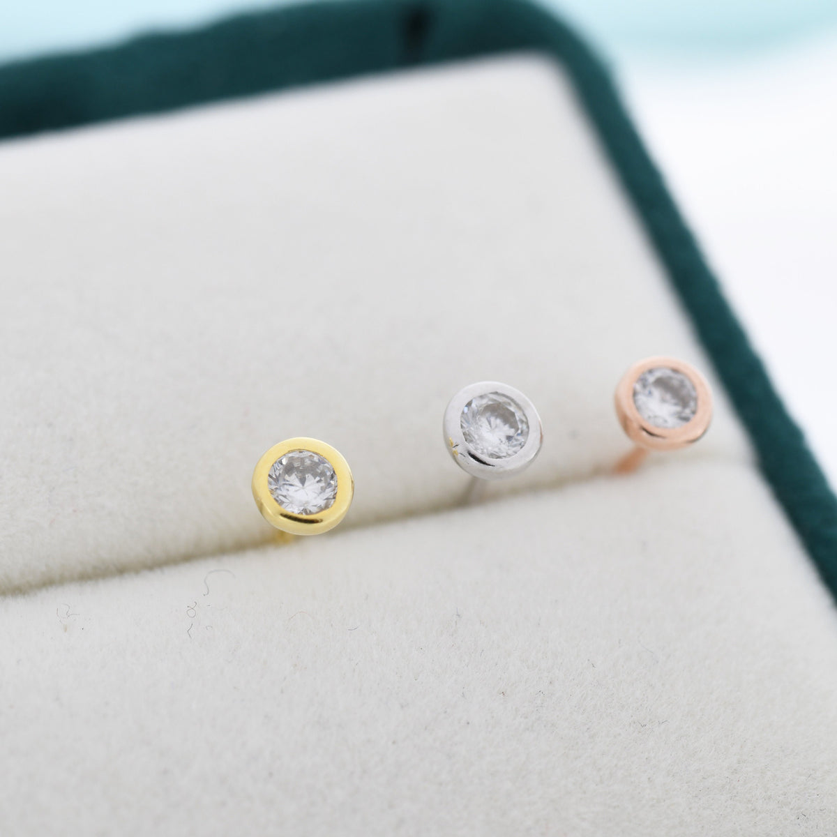 Sterling Silver Diamond CZ Stud Earrings, 4mm April Birthstone CZ Earrings, Silver, Gold or Rose Gold, Stacking Earrings