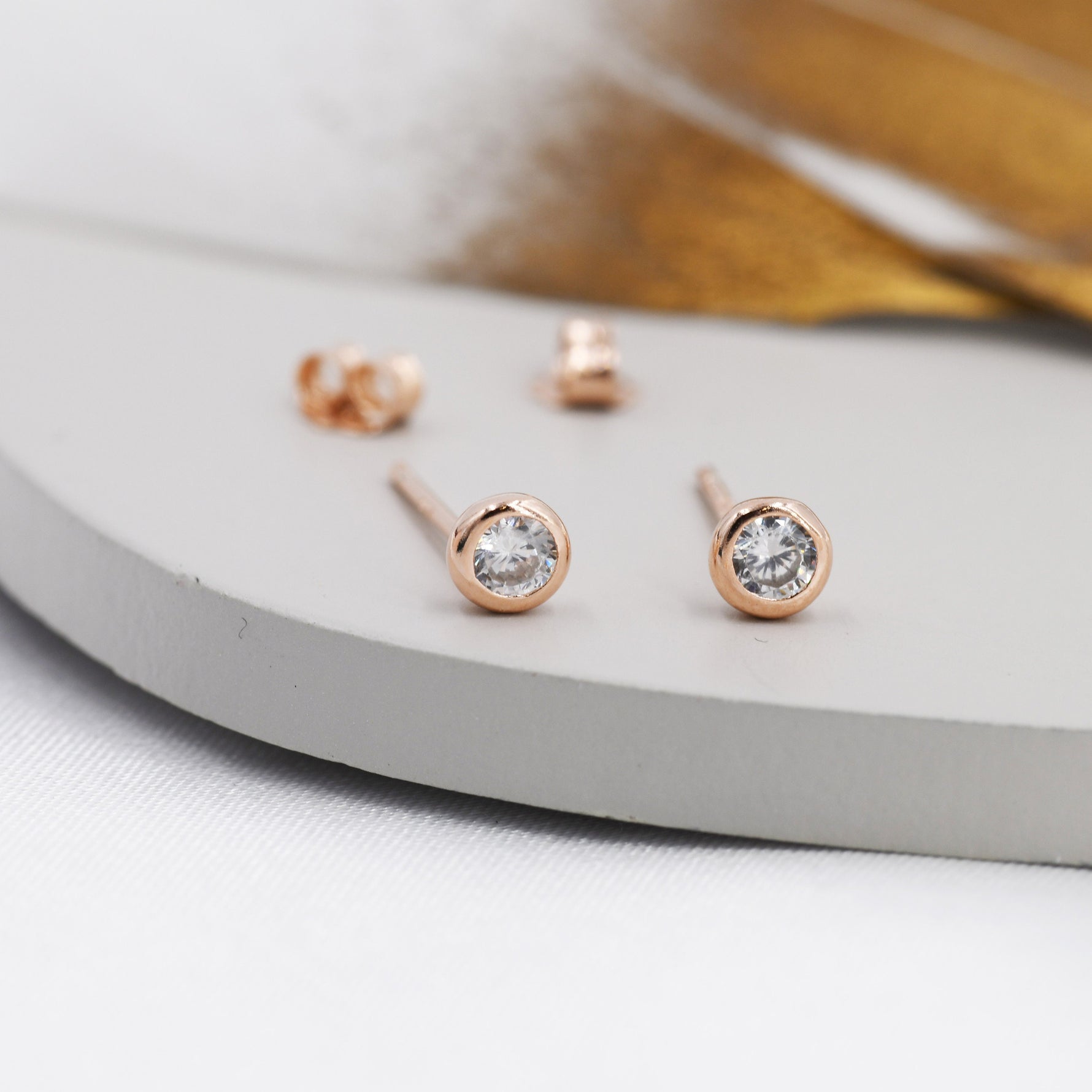 Sterling Silver Diamond CZ Stud Earrings, 4mm April Birthstone CZ Earrings, Silver, Gold or Rose Gold, Stacking Earrings