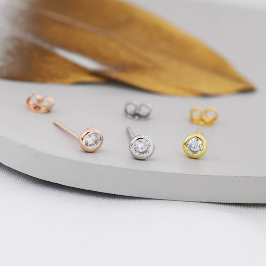 Sterling Silver Diamond CZ Stud Earrings,  4mm April Birthstone CZ Earrings, Silver, Gold or Rose Gold, Stacking Earrings