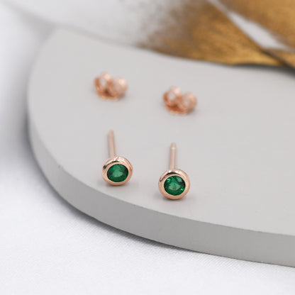 Sterling Silver Emerald Green CZ Stud Earrings,  4mm May Birthstone CZ Earrings, Silver, Gold or Rose Gold, Stacking Earrings