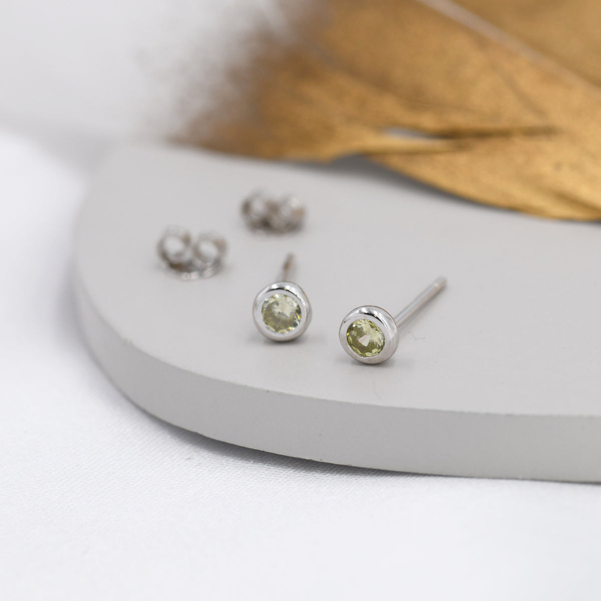 Sterling Silver Peridot Green CZ Stud Earrings, 4mm August Birthstone CZ Earrings, Silver, Gold or Rose Gold, Stacking Earrings