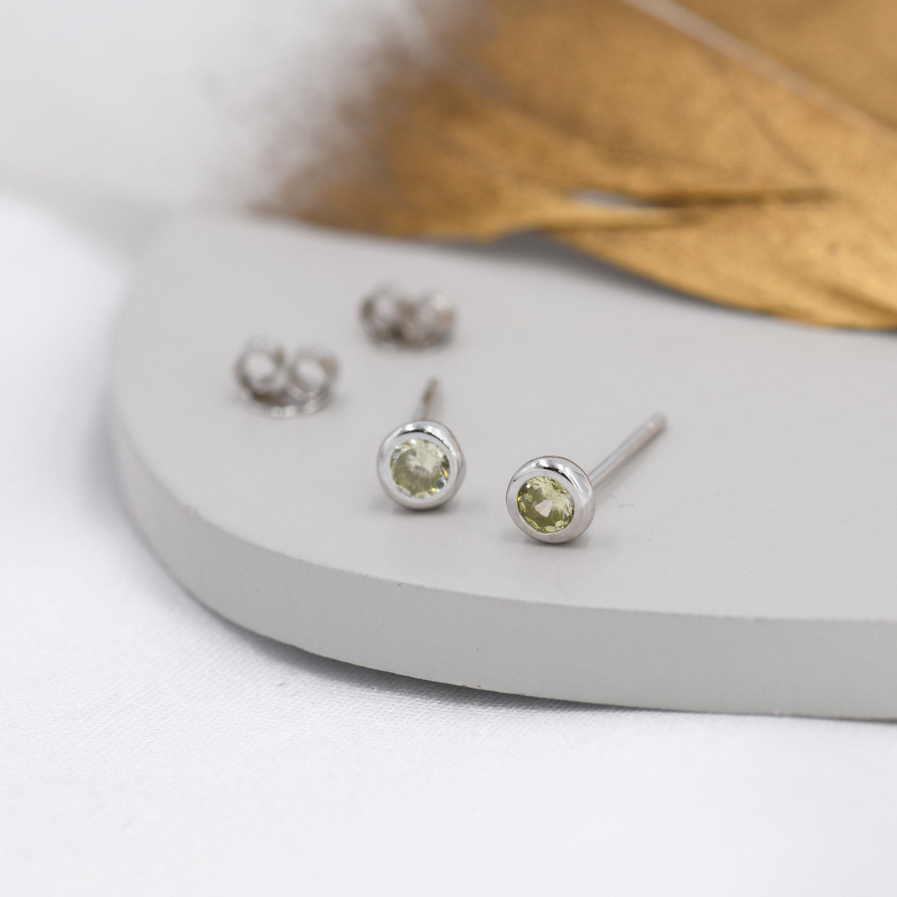 Sterling Silver Peridot Green CZ Stud Earrings, 4mm August Birthstone CZ Earrings, Silver, Gold or Rose Gold, Stacking Earrings