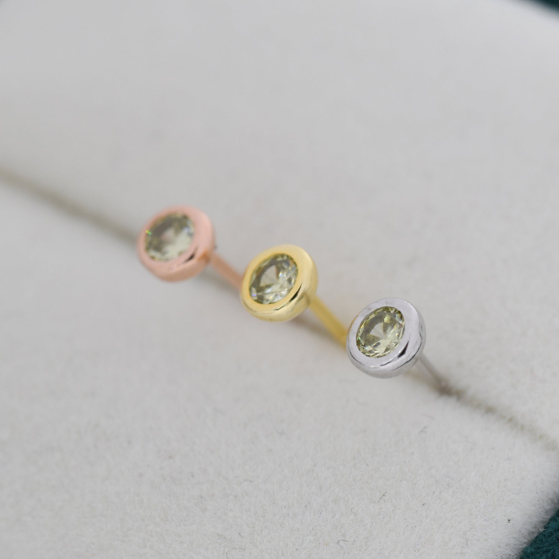 Sterling Silver Peridot Green CZ Stud Earrings, 4mm August Birthstone CZ Earrings, Silver, Gold or Rose Gold, Stacking Earrings