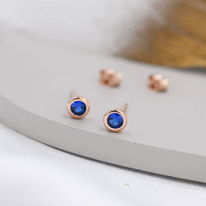 Sterling Silver Sapphire Blue CZ Stud Earrings,  4mm September Birthstone CZ Earrings, Silver, Gold or Rose Gold, Stacking Earrings