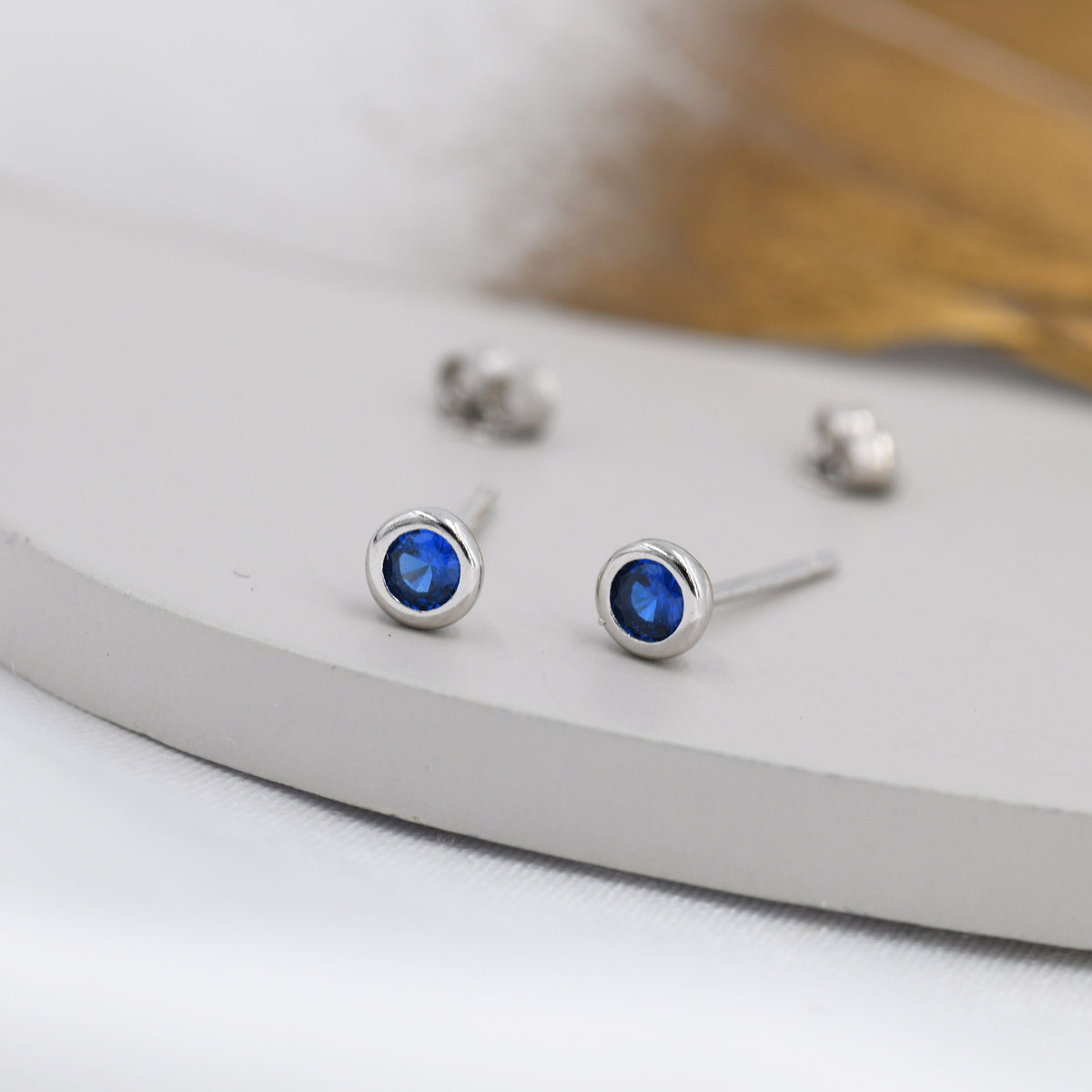 Sterling Silver Sapphire Blue CZ Stud Earrings, 4mm September Birthstone CZ Earrings, Silver, Gold or Rose Gold, Stacking Earrings