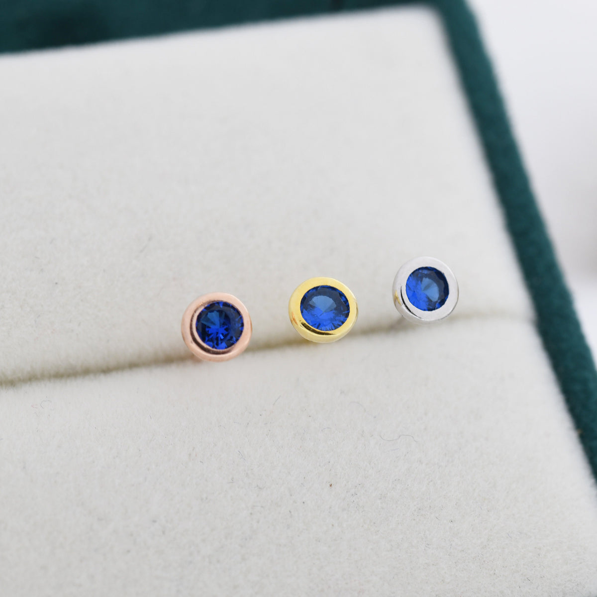 Sterling Silver Sapphire Blue CZ Stud Earrings, 4mm September Birthstone CZ Earrings, Silver, Gold or Rose Gold, Stacking Earrings