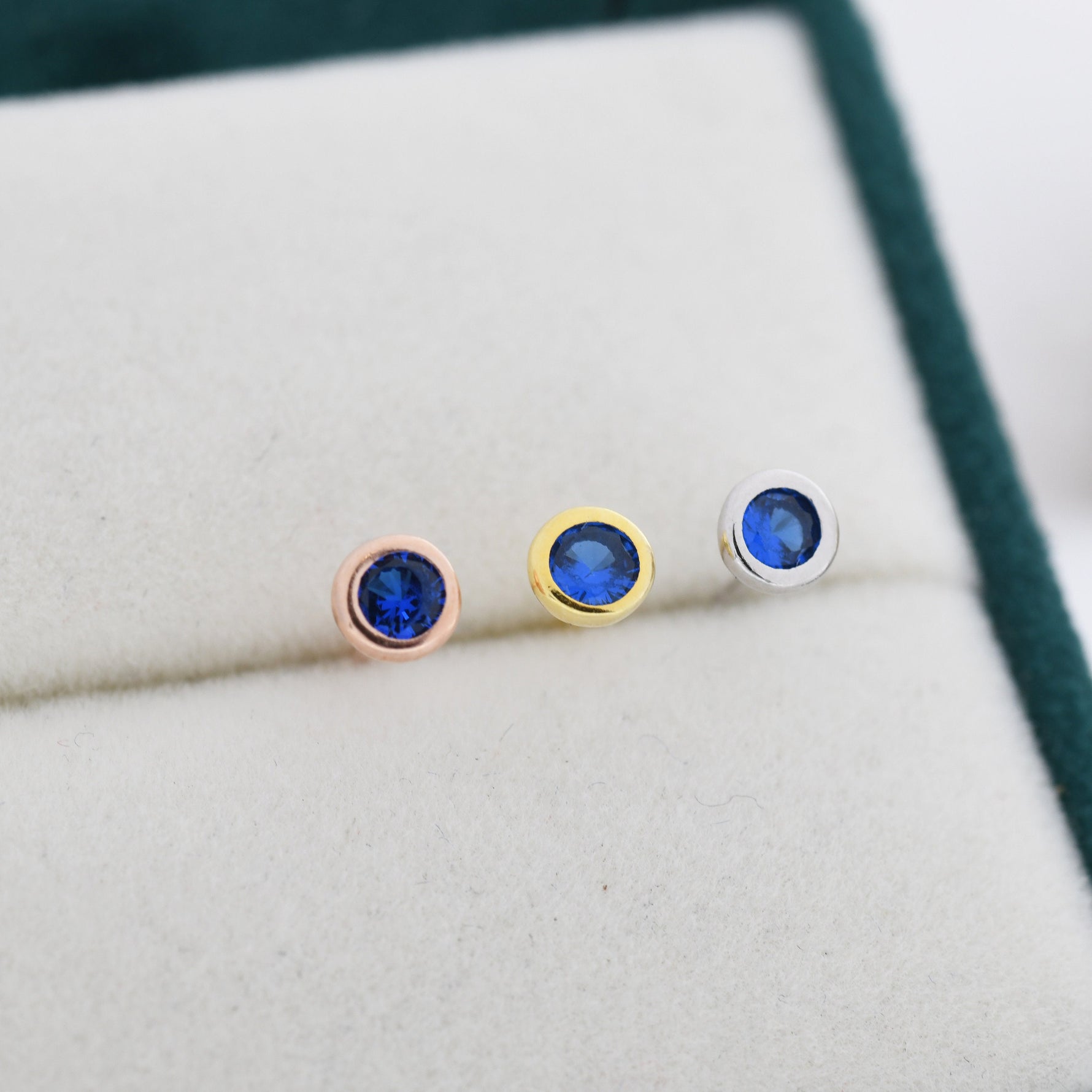 Sterling Silver Sapphire Blue CZ Stud Earrings, 4mm September Birthstone CZ Earrings, Silver, Gold or Rose Gold, Stacking Earrings