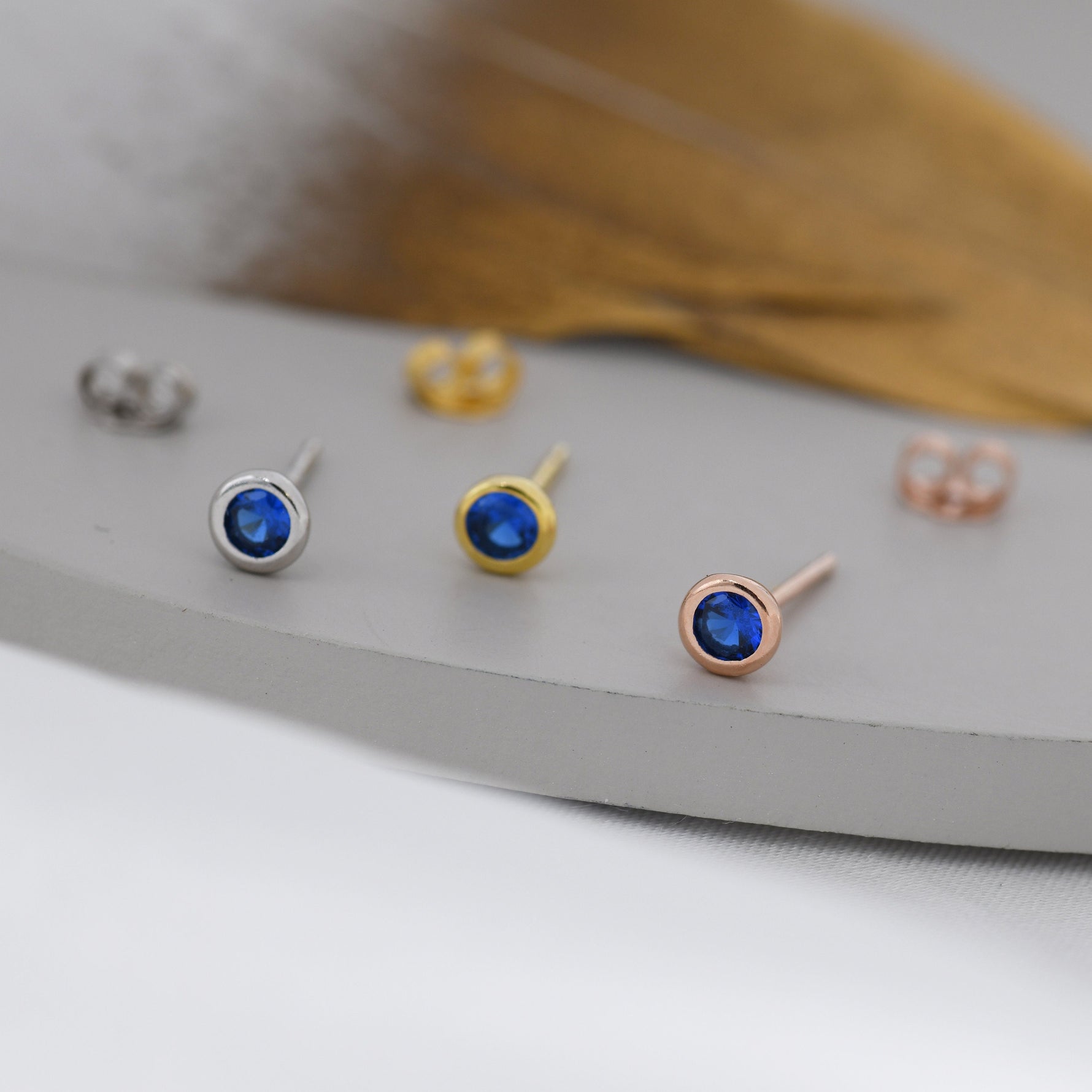 Sterling Silver Sapphire Blue CZ Stud Earrings, 4mm September Birthstone CZ Earrings, Silver, Gold or Rose Gold, Stacking Earrings