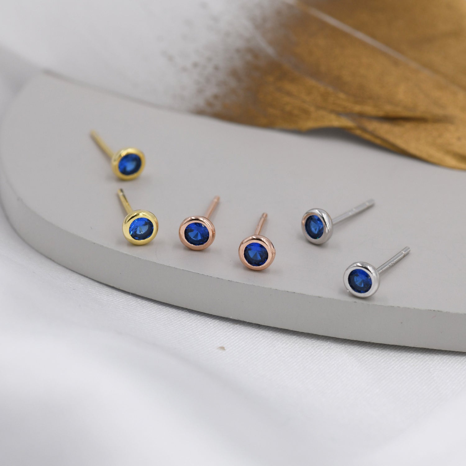 Sterling Silver Sapphire Blue CZ Stud Earrings, 4mm September Birthstone CZ Earrings, Silver, Gold or Rose Gold, Stacking Earrings