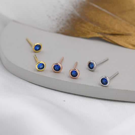 Sterling Silver Sapphire Blue CZ Stud Earrings, 4mm September Birthstone CZ Earrings, Silver, Gold or Rose Gold, Stacking Earrings