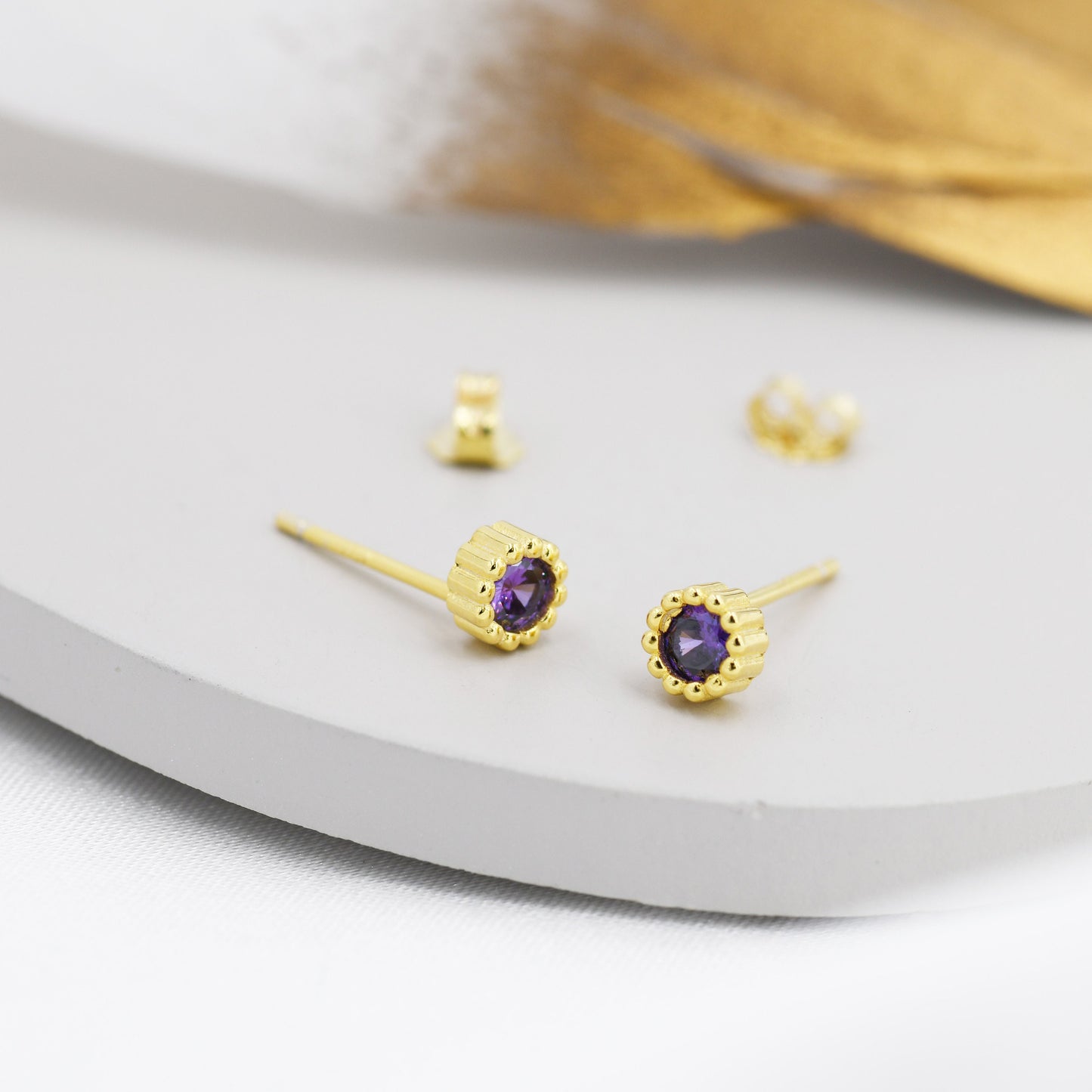 Sterling Silver Amethyst Purple Stud Earrings,  4mm February Birthstone CZ Earrings, Silver, Dotted Bezel, Gold or Rose Gold