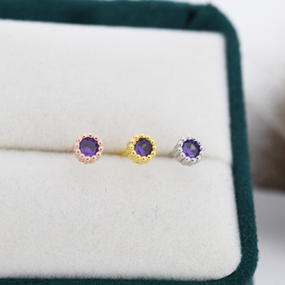 Sterling Silver Amethyst Purple Stud Earrings,  4mm February Birthstone CZ Earrings, Silver, Dotted Bezel, Gold or Rose Gold